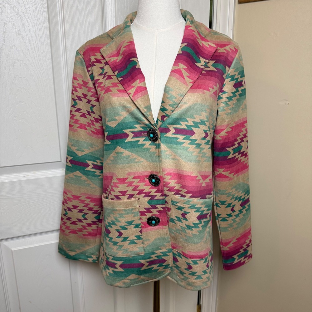 Sterling Kreek Womens XS Aztec Southwestern Concho Button Faux Suede Blazer Pink